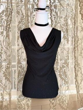 Vintage Y2K Whimsygoth Office Siren Black Sparkly Cowl Neck Top